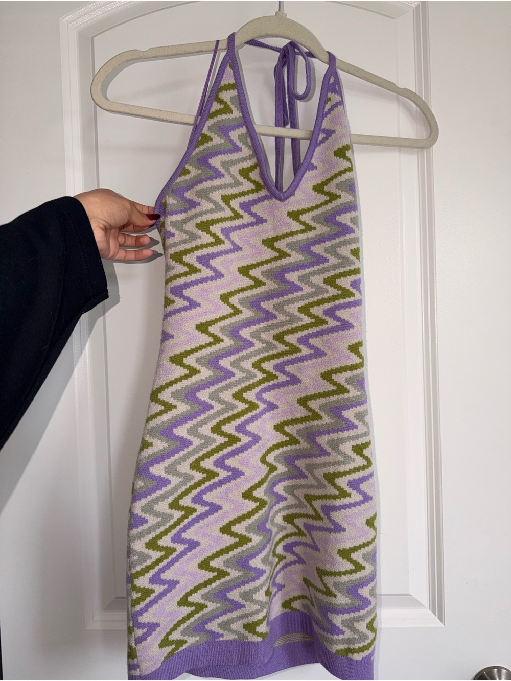 Cotton Candy Lilac & Olive Zigzag Halter Knit Dress